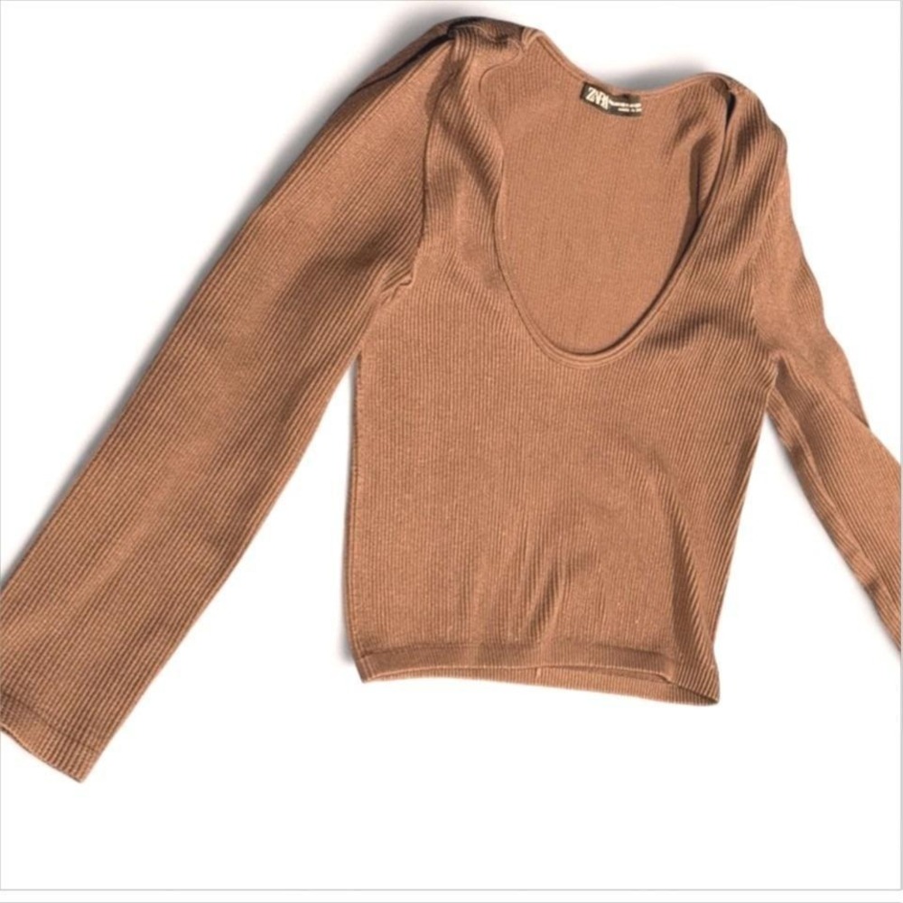 Zara Womens Ribbed Knit Deep Scoop Neck Long Sleeve Top Camel Brown Small XS‎
